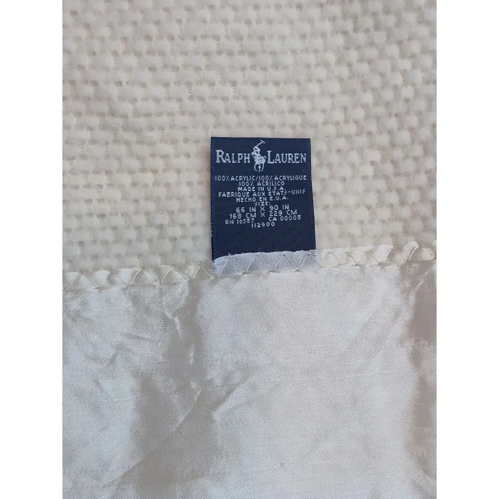 VTG Ralph Lauren Blanket Waffle Weave Satin Binding Acrylic Beige Ivory 68x89